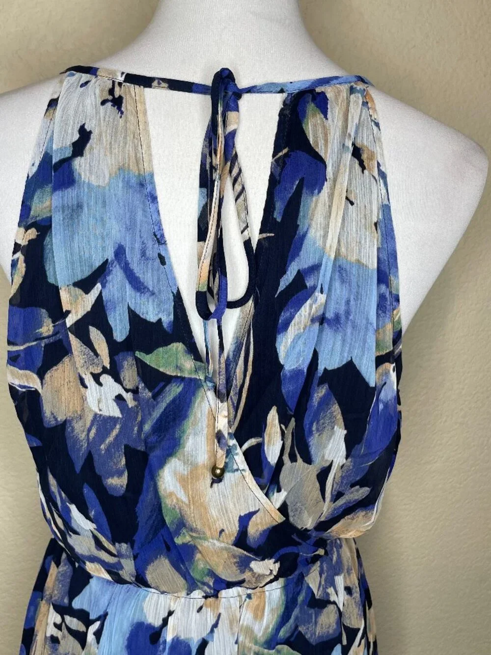 LOVESTITCH Boho Chiffon Halter Dress Blue Floral Surplice Wrap Flounce Trim L - Picture 9 of 15